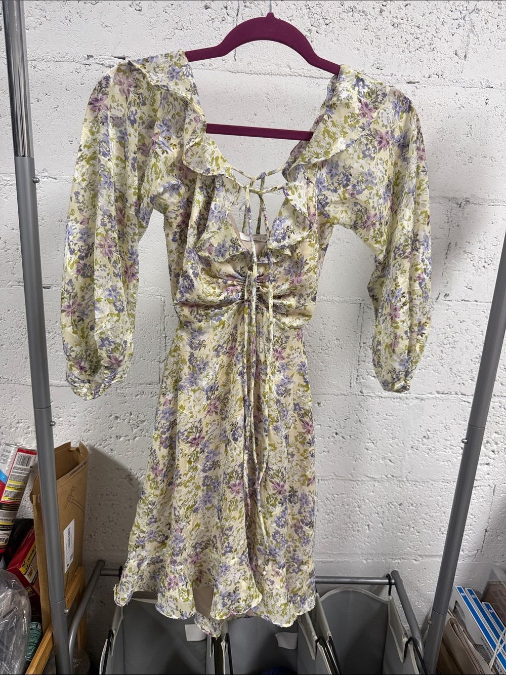 Floral Tie-Front Yellow Midi Dress ASTR Size Small Open Back